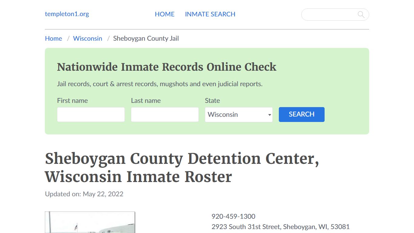 Sheboygan County Detention Center, Wisconsin Inmate Roster